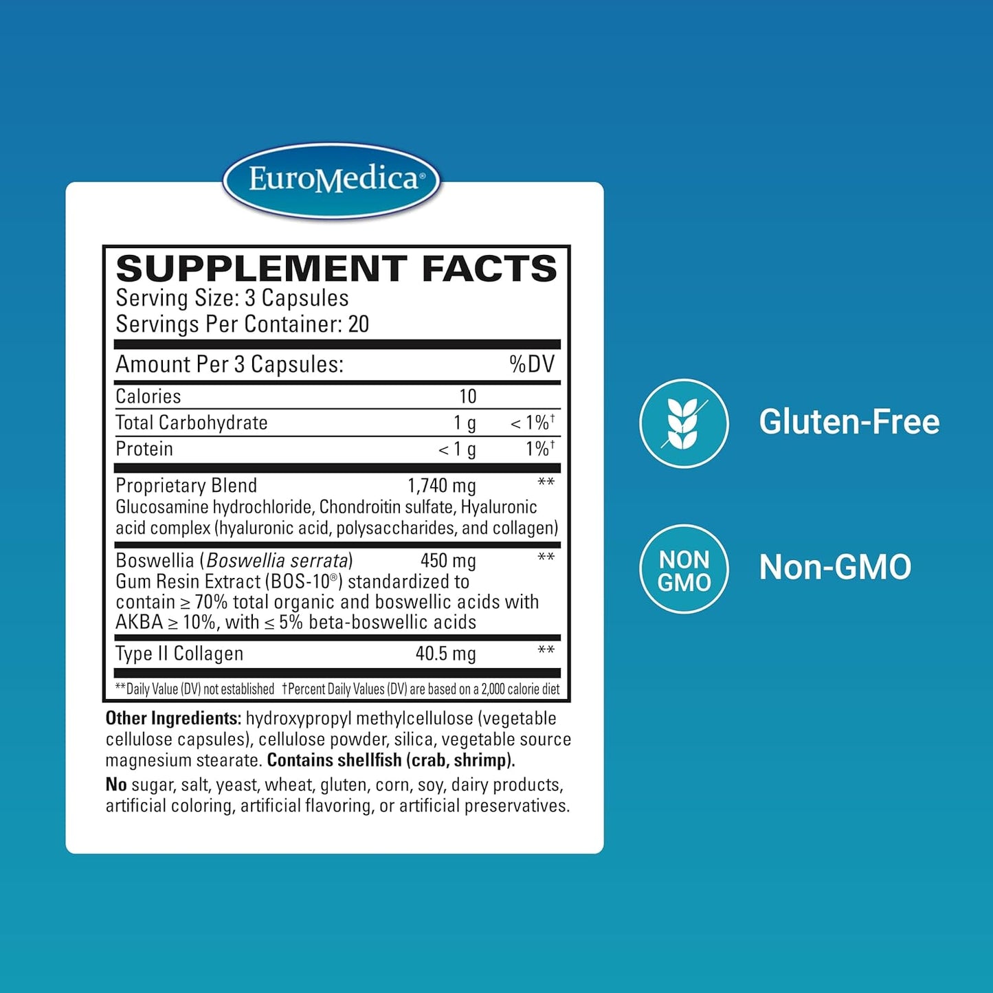 Euromedica Joint Complex Capsules - 60 Count - Type II Collagen, Glucosamine, Chondroitin, Hyaluronic Acid, Boswellia - Advanced Joint Support - Non-GMO - 20 Servings