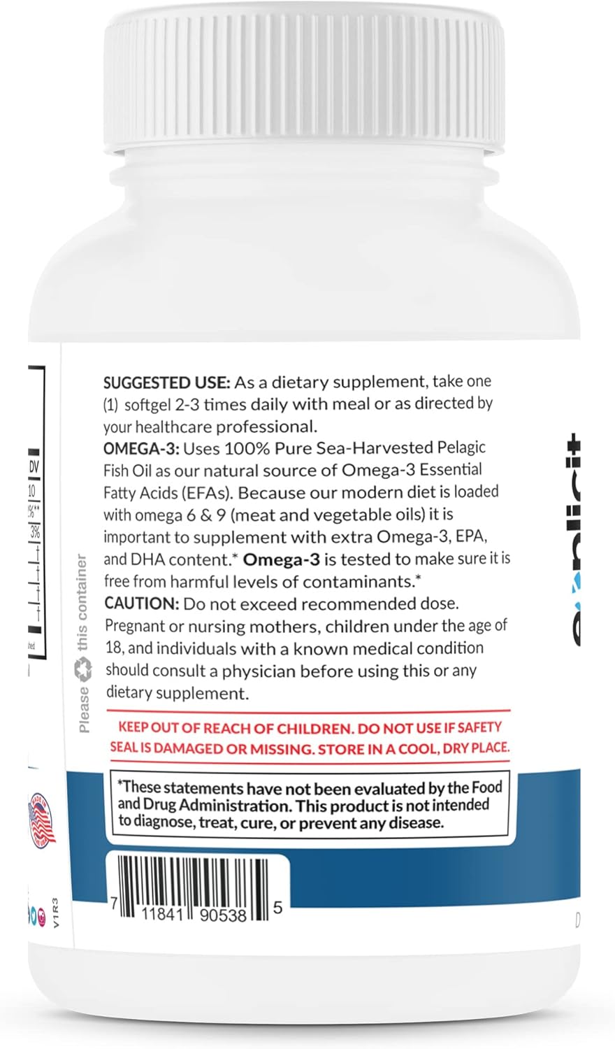 eXplicit Supplements Wild Fish Oil Omega 3 Lemon Flavored Capsules - Non-GMO, Gluten & Soy Free - 1200mg, 60 Servings