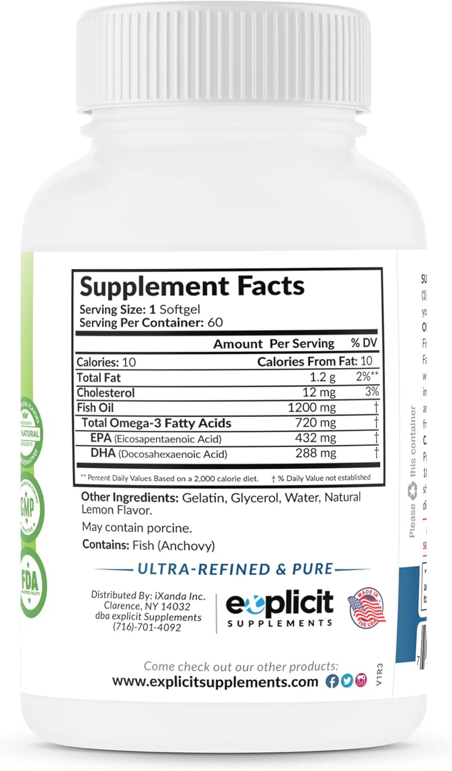 eXplicit Supplements Wild Fish Oil Omega 3 Lemon Flavored Capsules - Non-GMO, Gluten & Soy Free - 1200mg, 60 Servings