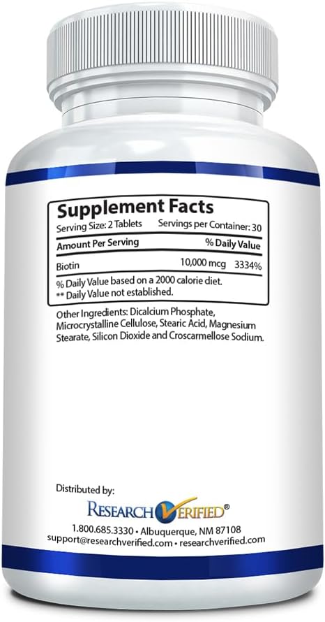 Extra Strength 10,000mcg Biotin Tablets for Hair, Skin, and Nails - 60 Vegan Capsules, Made in USA by Research Verified