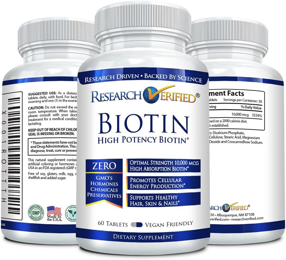 Extra Strength 10,000mcg Biotin Tablets for Hair, Skin, and Nails - 60 Vegan Capsules, Made in USA by Research Verified