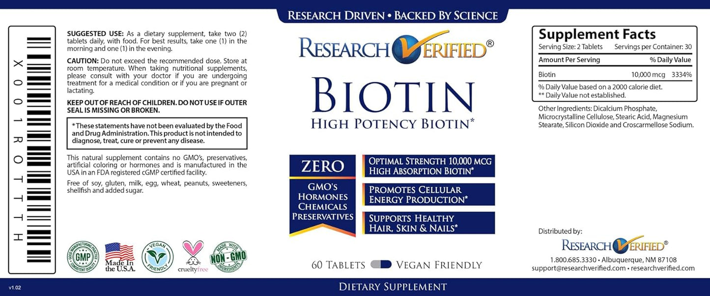 Extra Strength 10,000mcg Biotin Tablets for Hair, Skin, and Nails - 60 Vegan Capsules, Made in USA by Research Verified