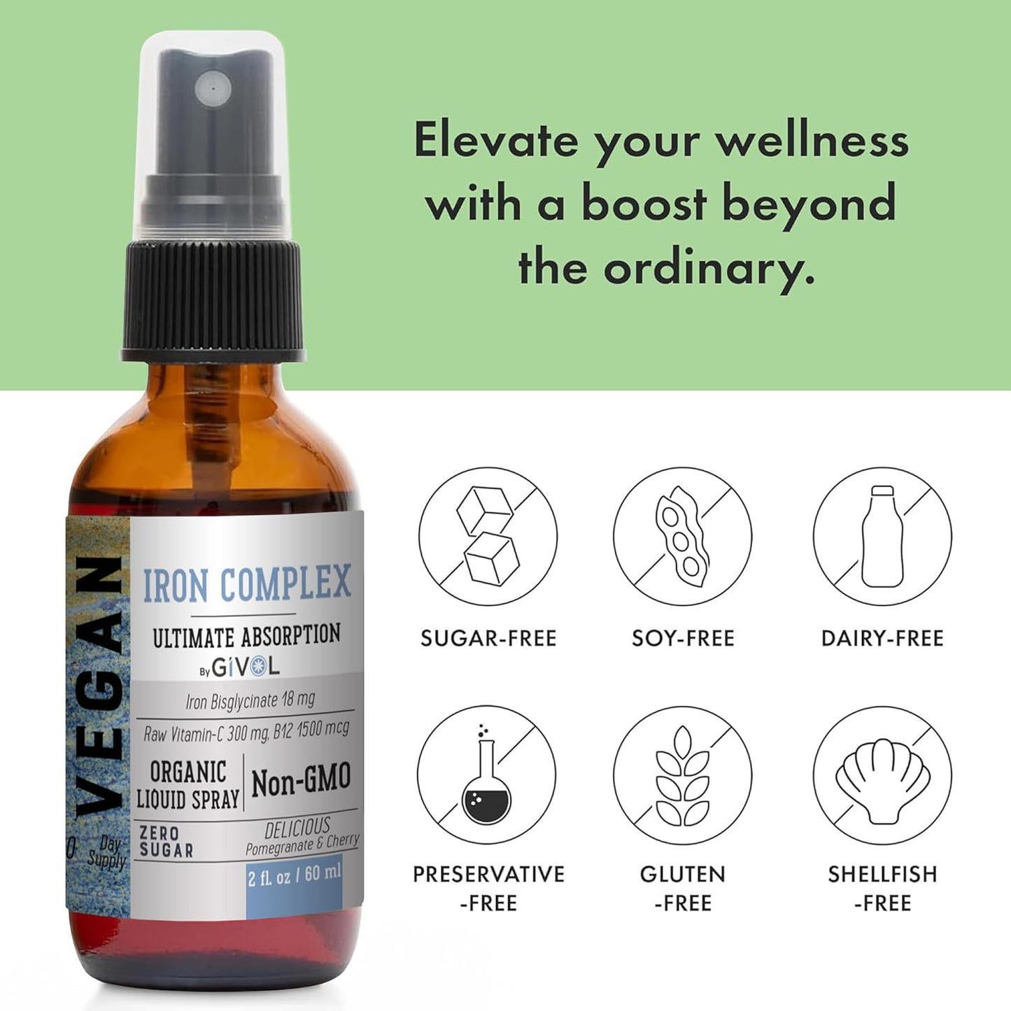Extra Strength Iron Supplement with Vitamin C, B12, and Zinc Boost Mist for Energy, Immunity, and Elderberry Extract