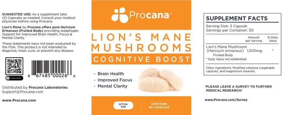 Extra Strength Procana Lions Mane Mushroom Capsules - 1,500mg/serving for Brain Health, Memory, Focus - 45,000mg Bottle (90ct)