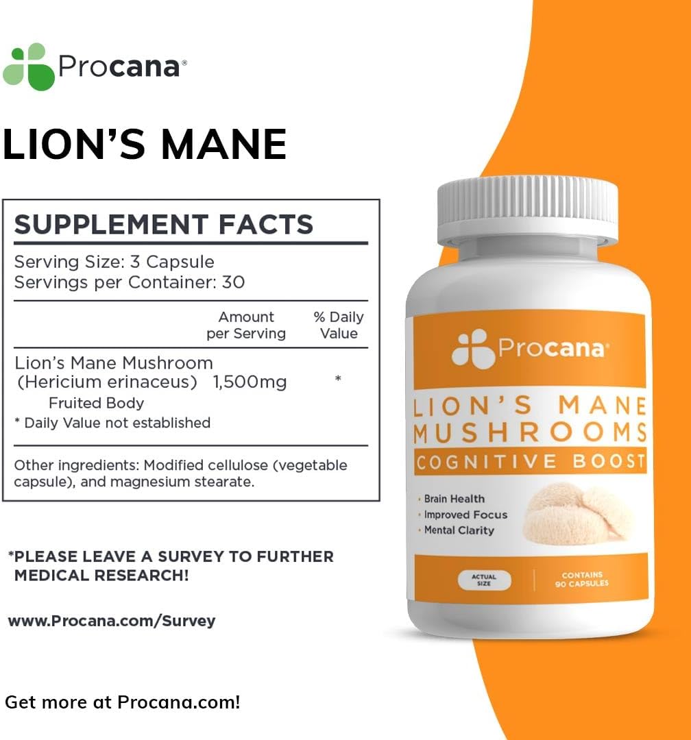 Extra Strength Procana Lions Mane Mushroom Capsules - 1,500mg/serving for Brain Health, Memory, Focus - 45,000mg Bottle (90ct)