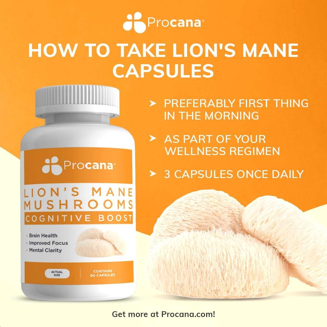 Extra Strength Procana Lions Mane Mushroom Capsules - 1,500mg/serving for Brain Health, Memory, Focus - 45,000mg Bottle (90ct)