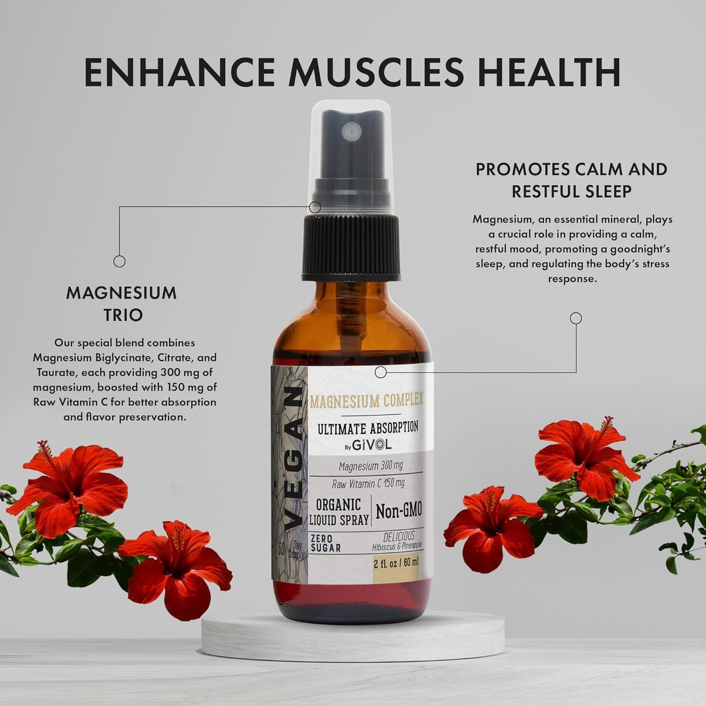 Extra Strength Tri Magnesium Complex Liquid Spray with Vitamin C and Zinc Boost - Sugar Free Elderberry Extract - 300mg Magnesium Biglycinate, Citrate & Taurate - 40mg Zinc - GIVOL