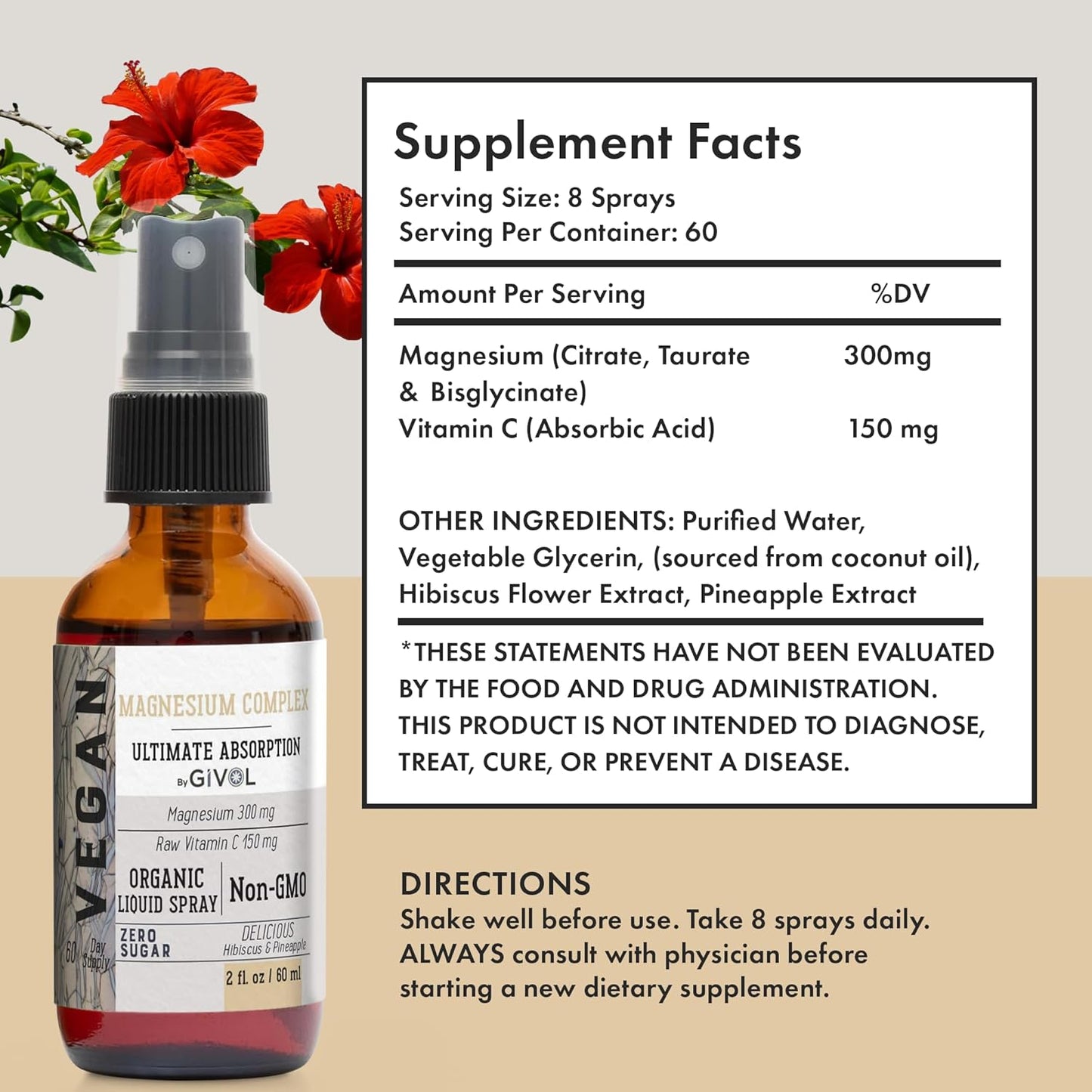 Extra Strength Tri Magnesium Complex Liquid Spray with Vitamin C and Zinc Boost - Sugar Free Elderberry Extract - 300mg Magnesium Biglycinate, Citrate & Taurate - 40mg Zinc - GIVOL