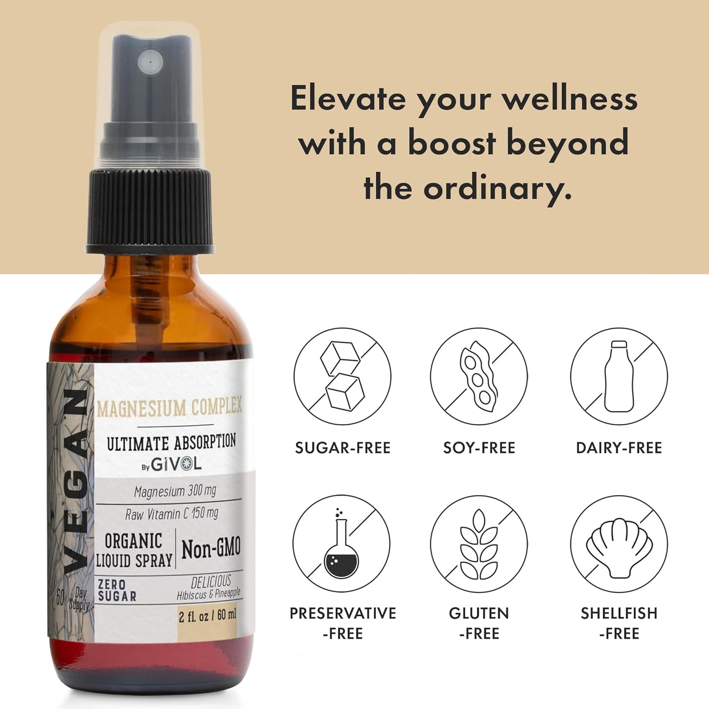 Extra Strength Tri Magnesium Complex Liquid Spray with Vitamin C and Zinc Boost - Sugar Free Elderberry Extract - 300mg Magnesium Biglycinate, Citrate & Taurate - 40mg Zinc - GIVOL