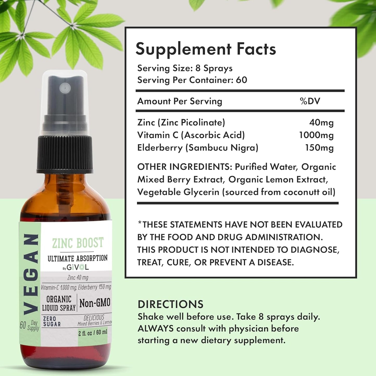 Extra Strength Tri Magnesium Complex Liquid Spray with Vitamin C and Zinc Boost - Sugar Free Elderberry Extract - 300mg Magnesium Biglycinate, Citrate & Taurate - 40mg Zinc - GIVOL