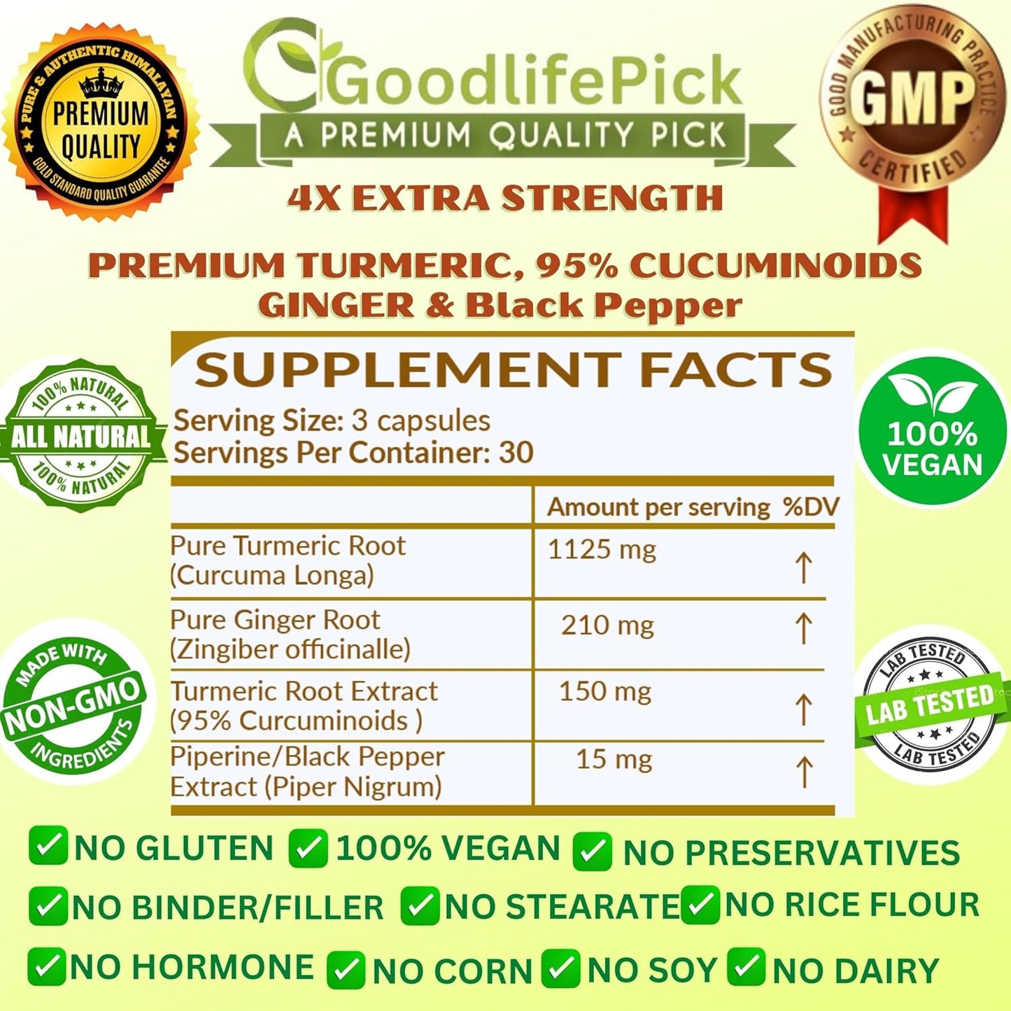 Extra Strength Turmeric Curcumin Capsules with Ginger, Black Pepper Extract - 95% Curcuminoids - NonGMO, All Natural - 90 Veg Capsules