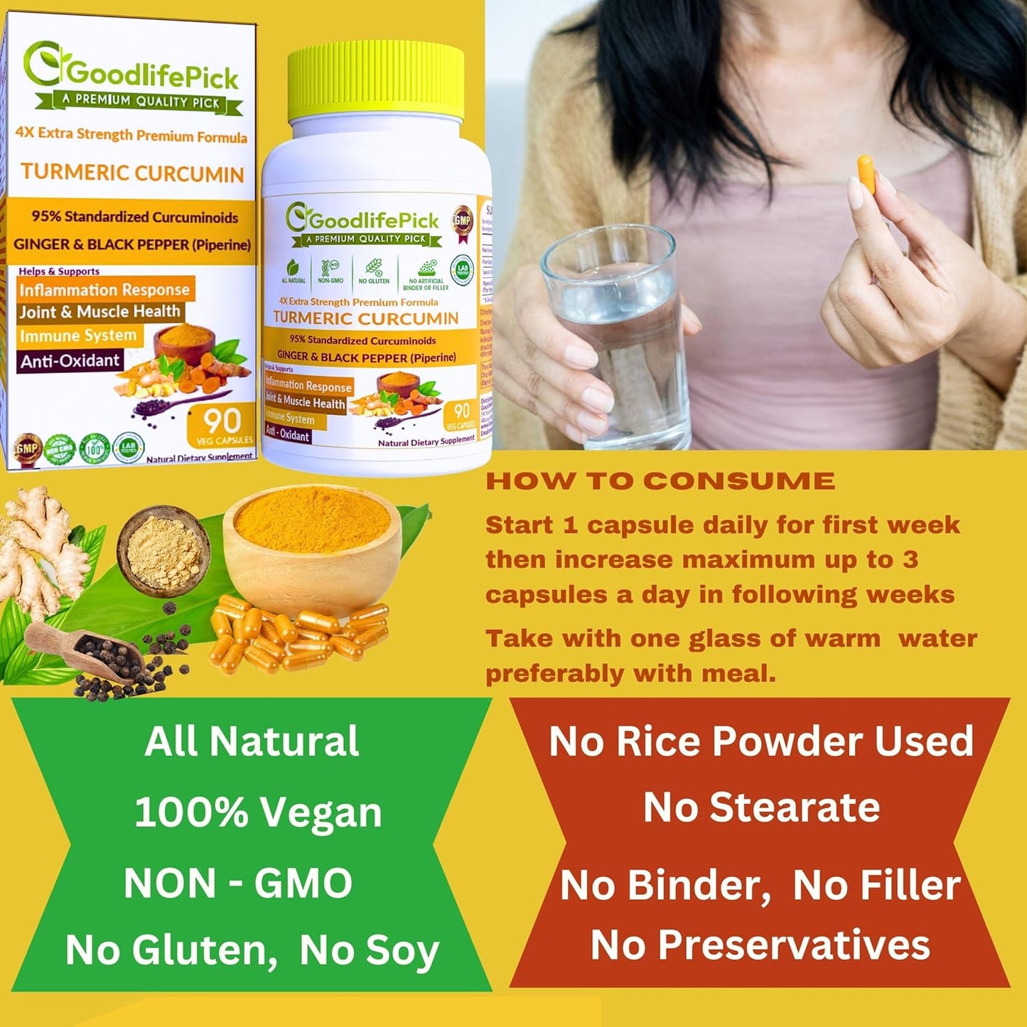 Extra Strength Turmeric Curcumin Capsules with Ginger, Black Pepper Extract - 95% Curcuminoids - NonGMO, All Natural - 90 Veg Capsules