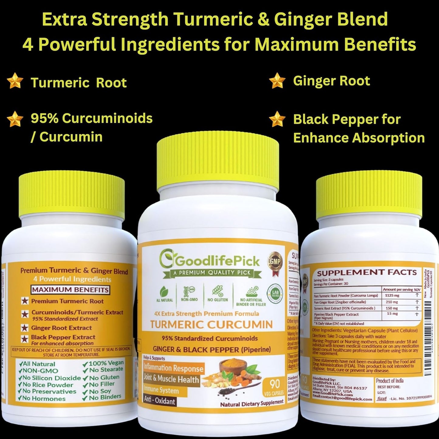 Extra Strength Turmeric Curcumin Capsules with Ginger, Black Pepper Extract - 95% Curcuminoids - NonGMO, All Natural - 90 Veg Capsules