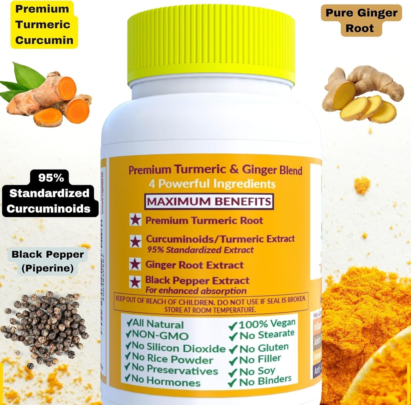 Extra Strength Turmeric Curcumin Capsules with Ginger, Black Pepper Extract - 95% Curcuminoids - NonGMO, All Natural - 90 Veg Capsules