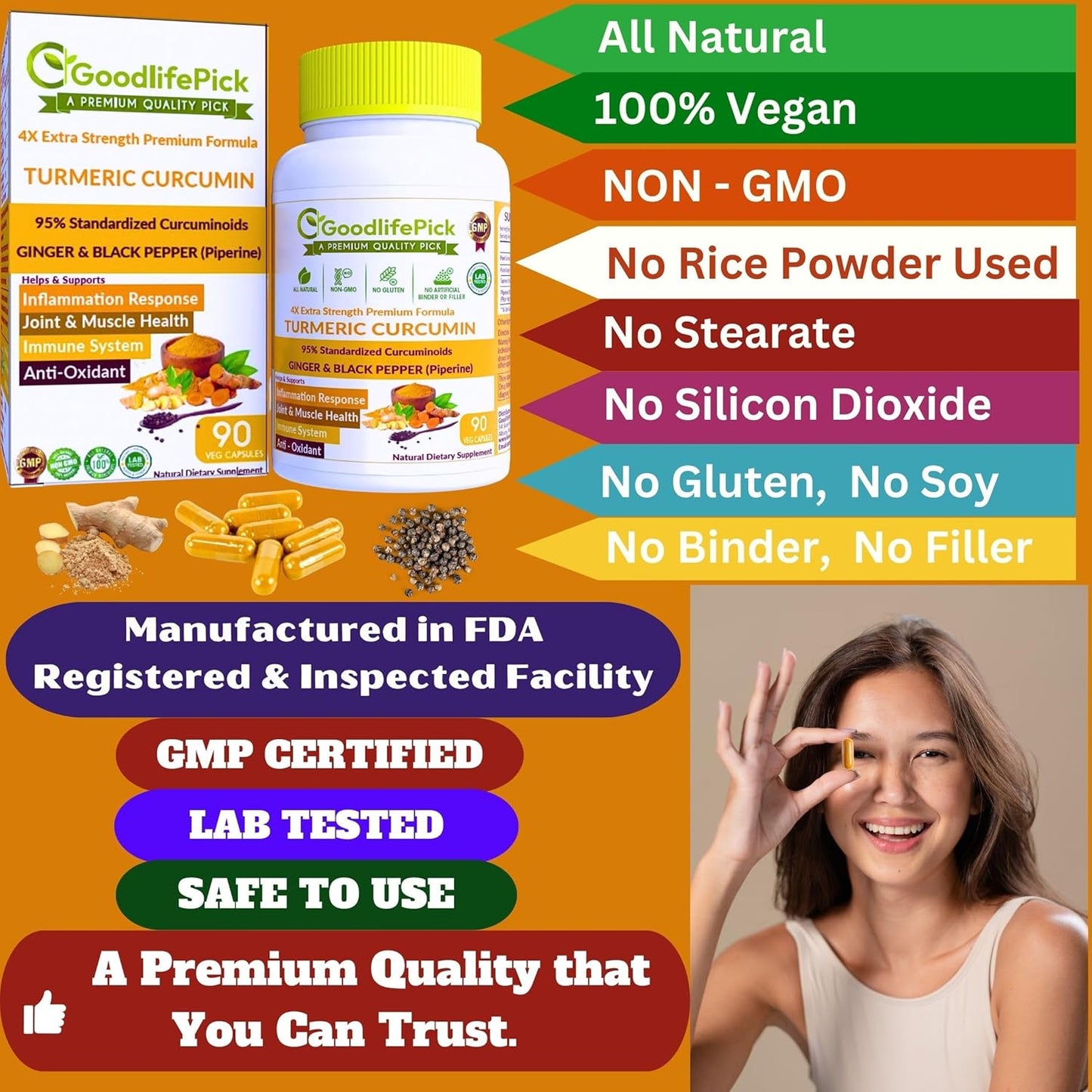 Extra Strength Turmeric Curcumin Capsules with Ginger, Black Pepper Extract - 95% Curcuminoids - NonGMO, All Natural - 90 Veg Capsules