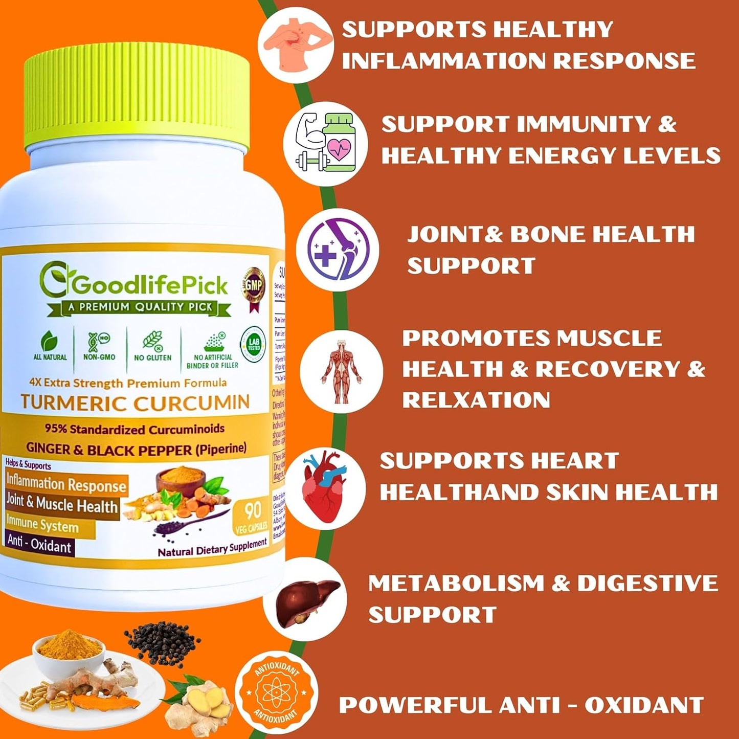 Extra Strength Turmeric Curcumin Capsules with Ginger, Black Pepper Extract - 95% Curcuminoids - NonGMO, All Natural - 90 Veg Capsules