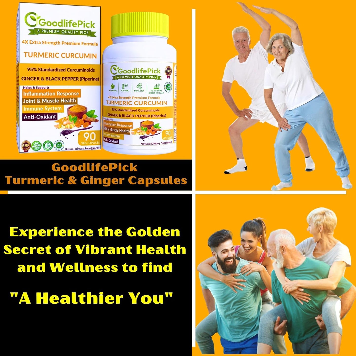 Extra Strength Turmeric Curcumin Capsules with Ginger, Black Pepper Extract - 95% Curcuminoids - NonGMO, All Natural - 90 Veg Capsules