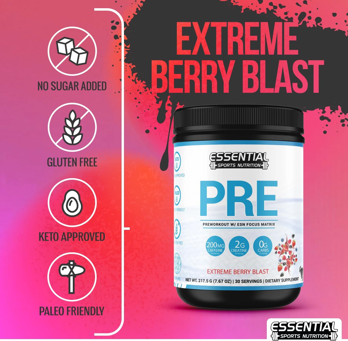 Extreme Berry Blast Pre-Workout Supplement with Creatine, Focus Formula, and Caffeine