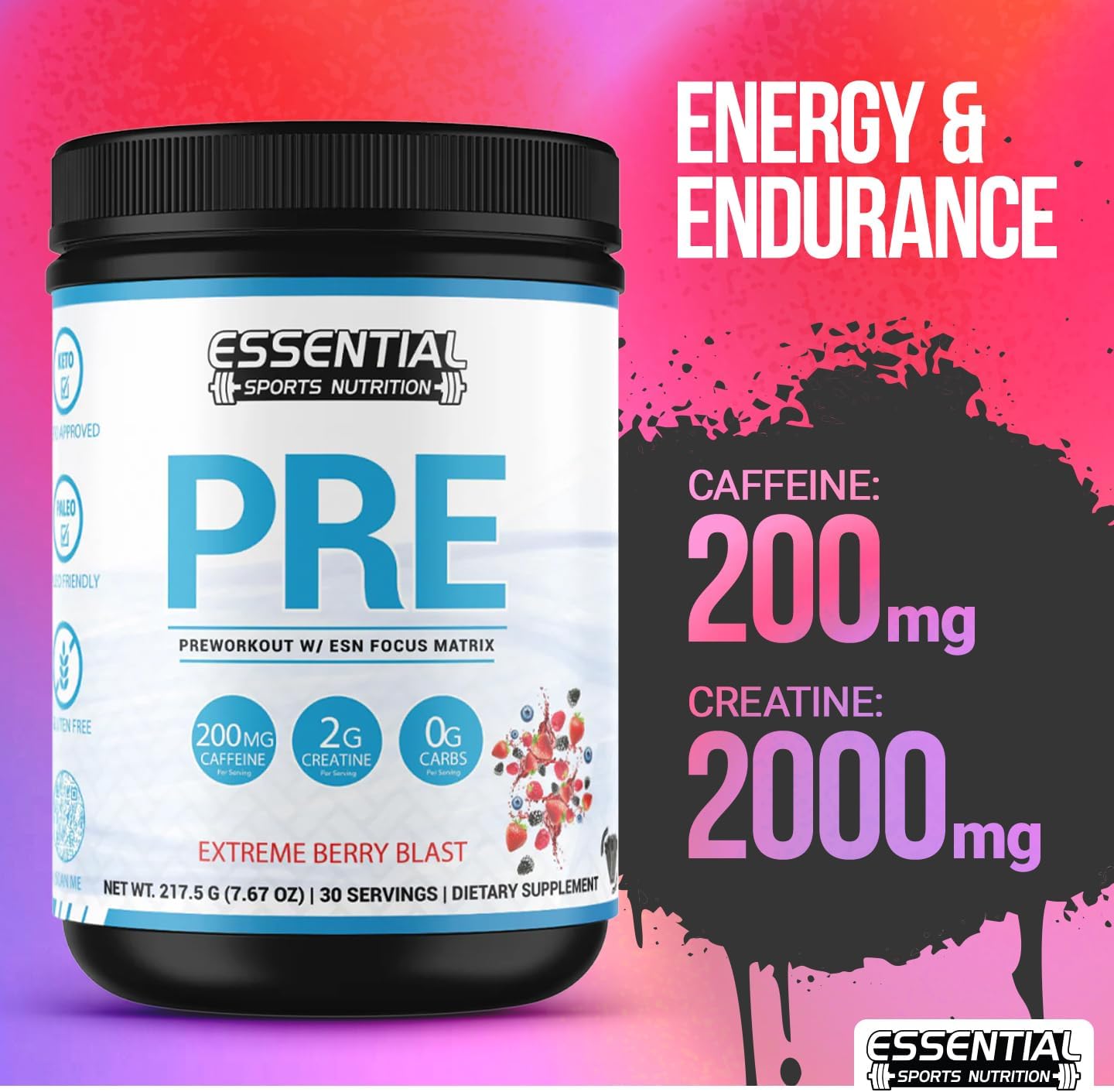 Extreme Berry Blast Pre-Workout Supplement with Creatine, Focus Formula, and Caffeine