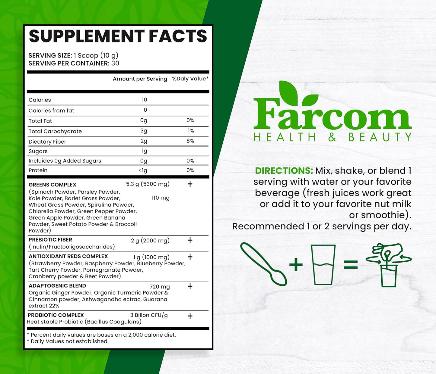 Farcom Superfood Green Juice Powder - 21+ Super Greens, Adaptogens, Prebiotics, Probiotics - Detox, Energy, Immune Support - Vegan, Gluten-Free