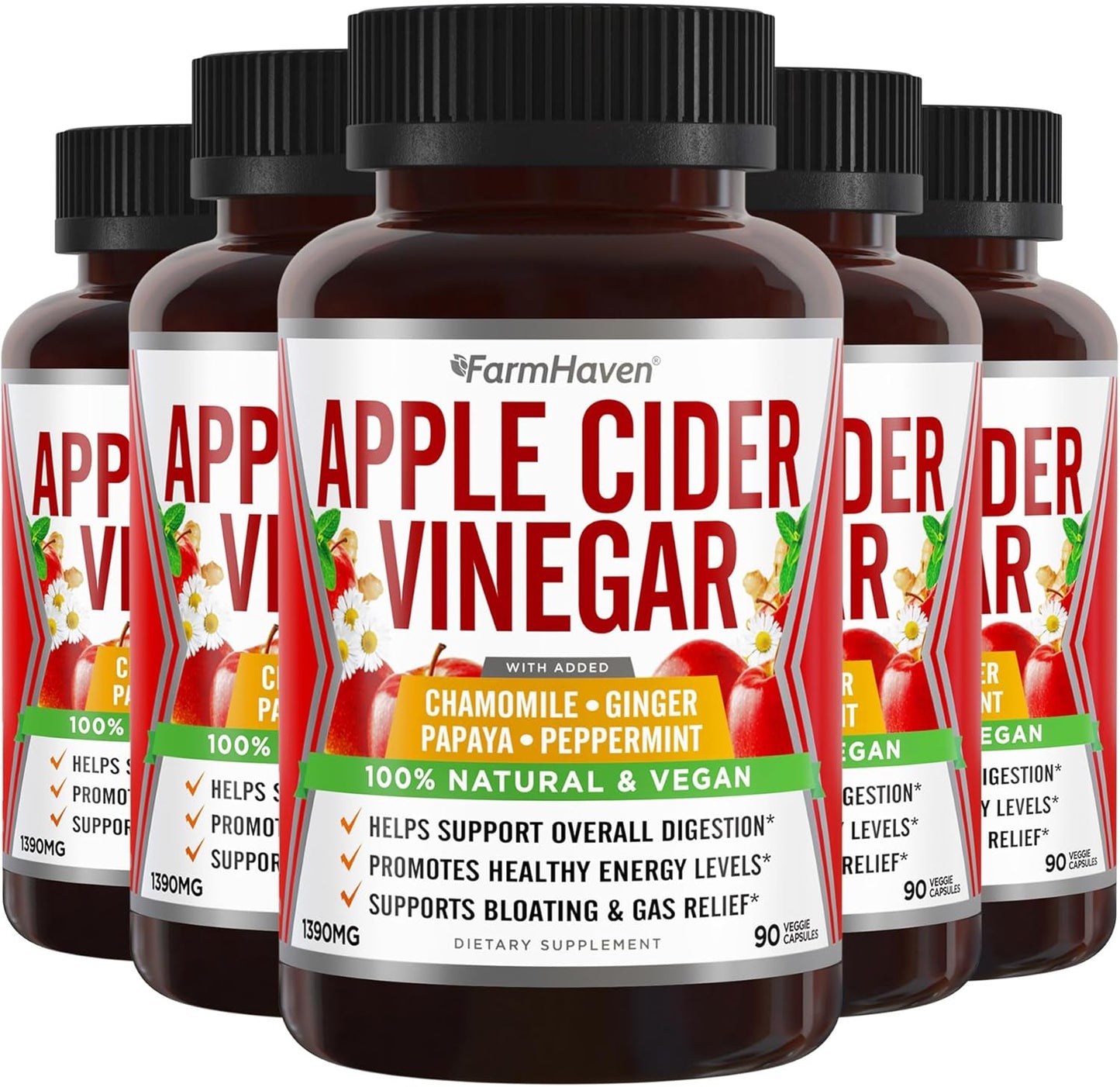 FarmHaven Apple Cider Vinegar Capsules with Ginger, Papaya & Chamomile | 1390mg | Supports Digestion & Immunity | Non-GMO & 100% Natural | 450 Capsules