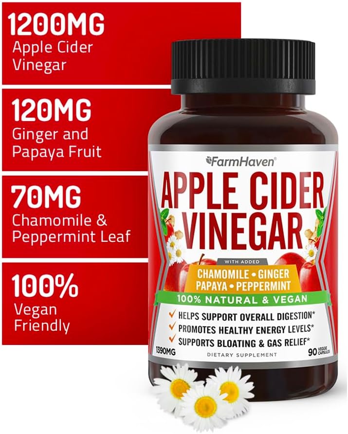 FarmHaven Apple Cider Vinegar Capsules with Ginger, Papaya & Chamomile | 1390mg | Supports Digestion & Immunity | Non-GMO & 100% Natural | 450 Capsules