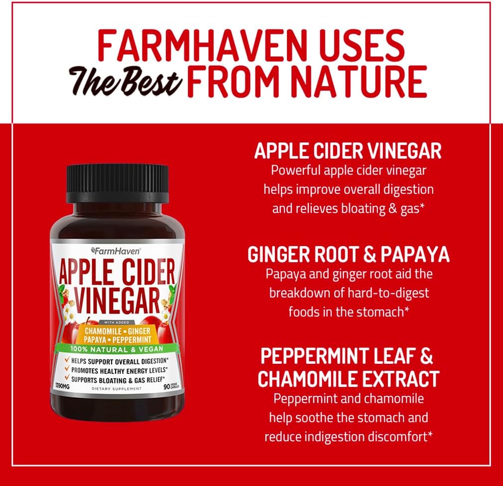 FarmHaven Apple Cider Vinegar Capsules with Ginger, Papaya & Chamomile | 1390mg | Supports Digestion & Immunity | Non-GMO & 100% Natural | 450 Capsules
