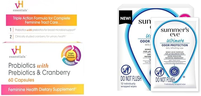 Feminine Health Bundle: Probiotics, Prebiotics, Cranberry Capsules & Odor Control Wipes with Boric Acid