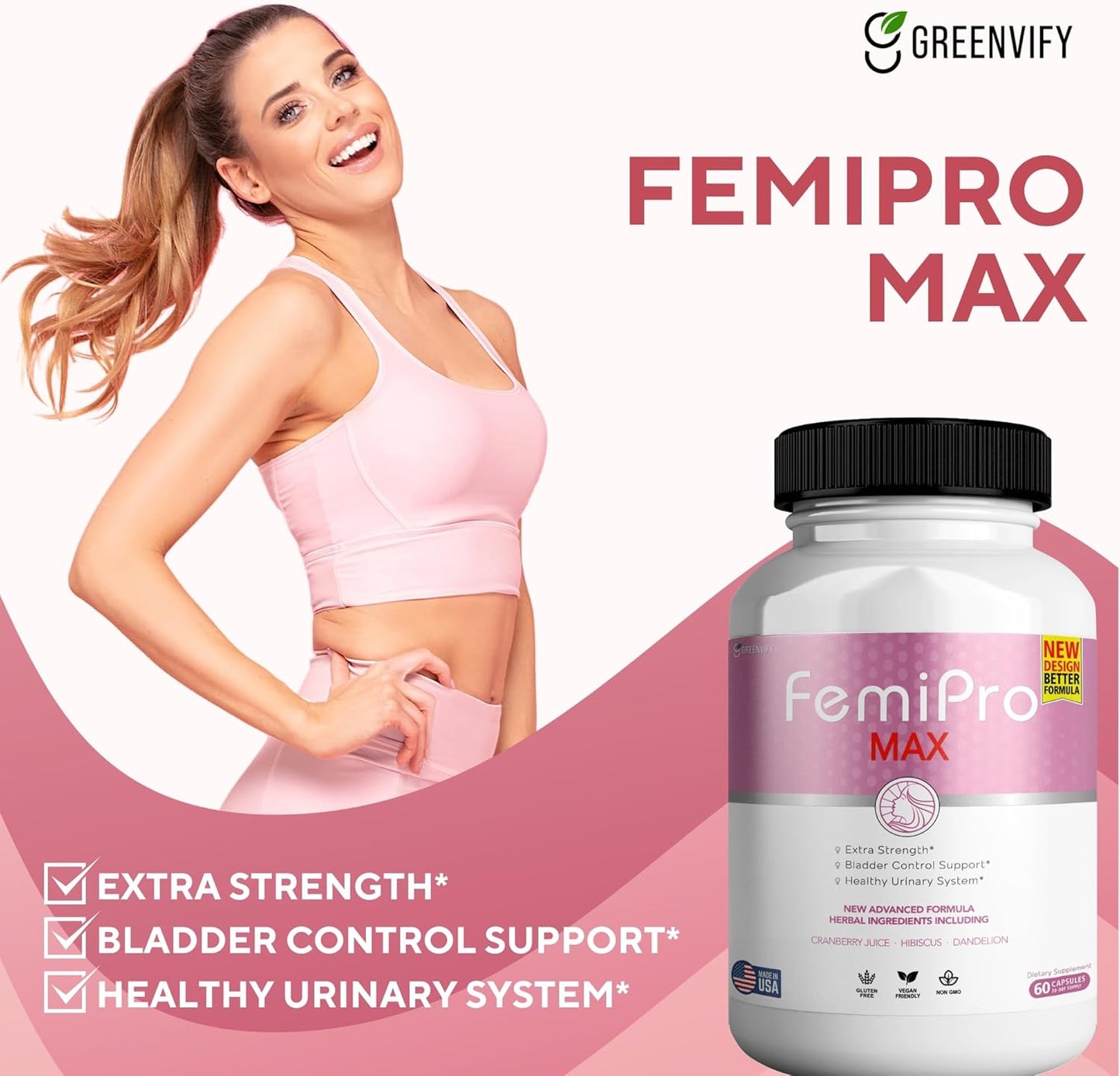 FemiPro MAX Women's Urinary Support Supplement - 60 Capsules, Extra Strength Bladder Control with Cranberry, Hibiscus, Dandelion - Vegan, Gluten Free