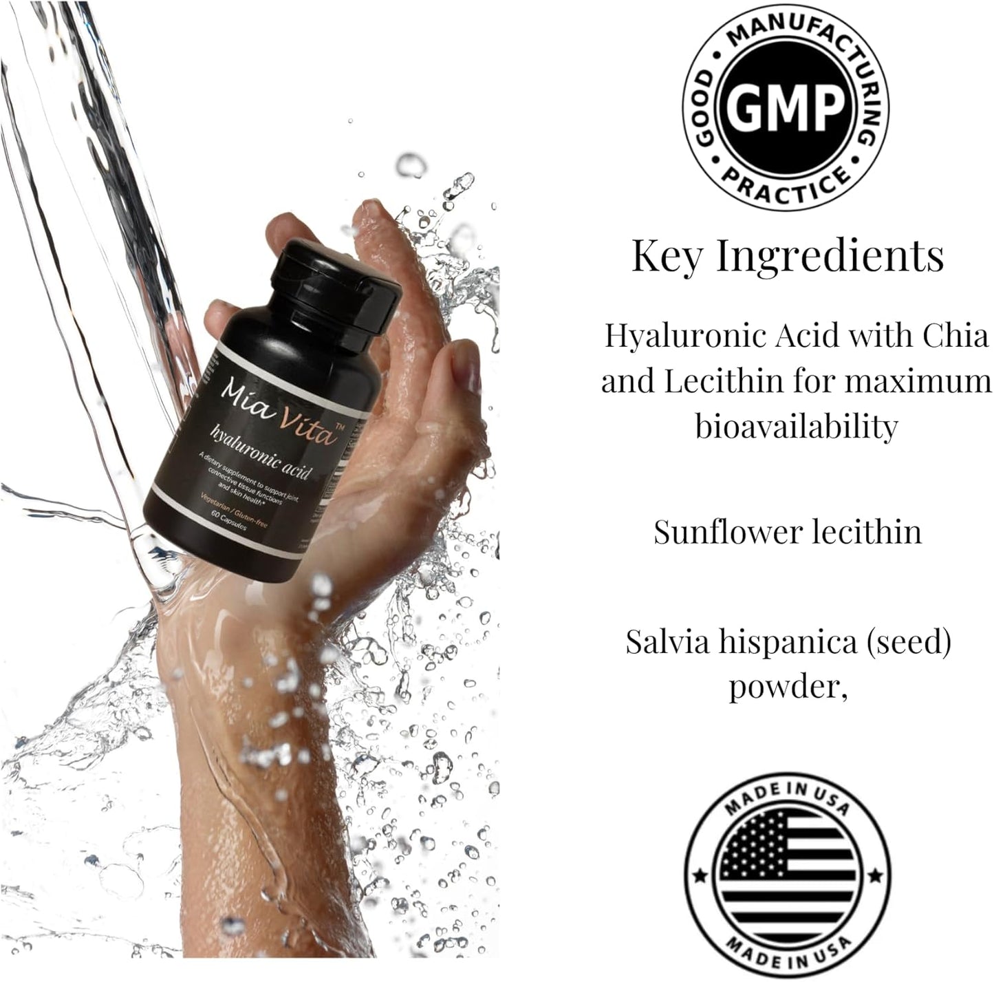 FEMMEPHARMA Mia Vita Hyaluronic Acid Oral Supplements for Women - Promotes Healthy Hair, Skin, Nails, and Joints - 30 Day Supply