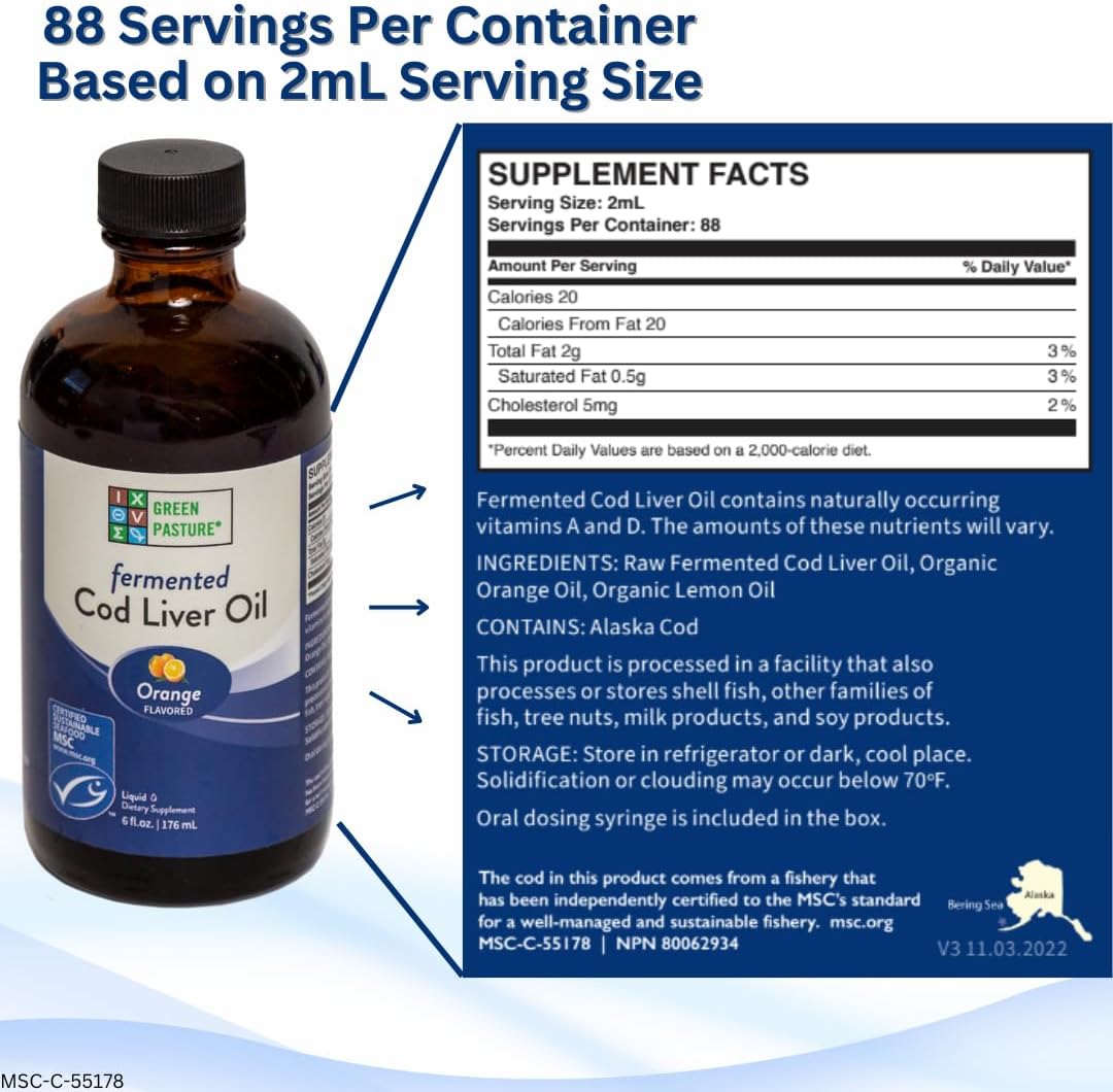 Fermented Cod Liver Oil Liquid - 6 fl. oz. with Vitamin A, D, Omega 3, 6, 9 - Orange Flavor