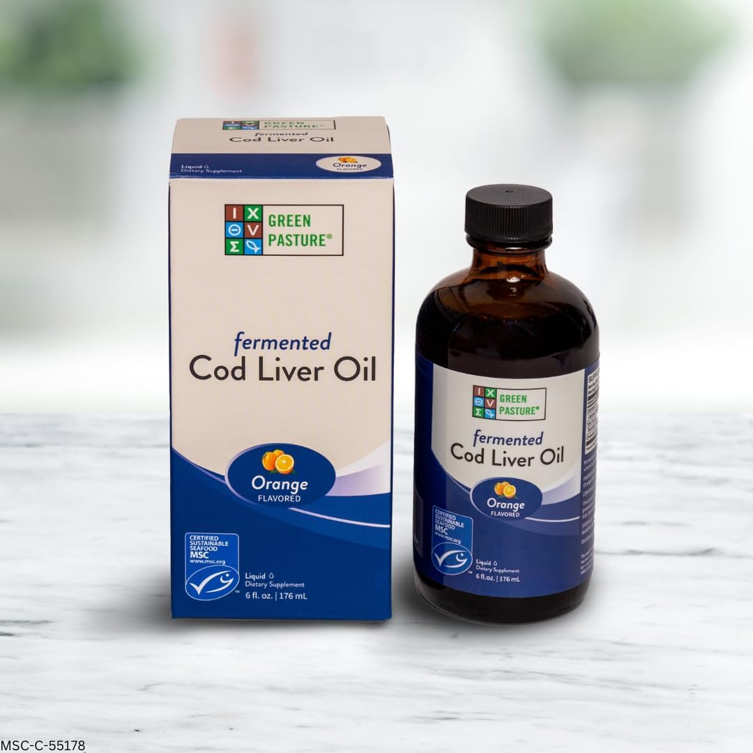 Fermented Cod Liver Oil Liquid - 6 fl. oz. with Vitamin A, D, Omega 3, 6, 9 - Orange Flavor