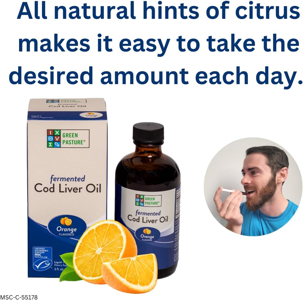 Fermented Cod Liver Oil Liquid - 6 fl. oz. with Vitamin A, D, Omega 3, 6, 9 - Orange Flavor