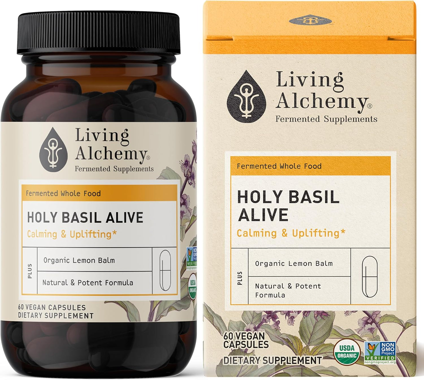 Fermented Holy Basil & Lemon Balm Mood Sleep Aid Supplement for Women & Men - Vegan Non-GMO - Living Alchemy 60 Capsules