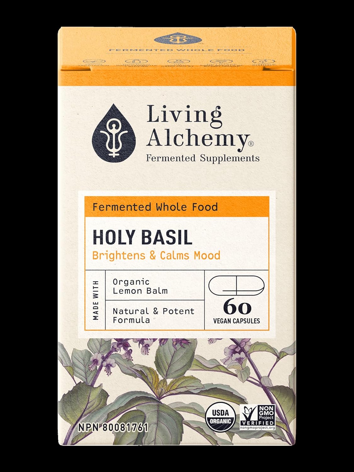 Fermented Holy Basil & Lemon Balm Mood Sleep Aid Supplement for Women & Men - Vegan Non-GMO - Living Alchemy 60 Capsules
