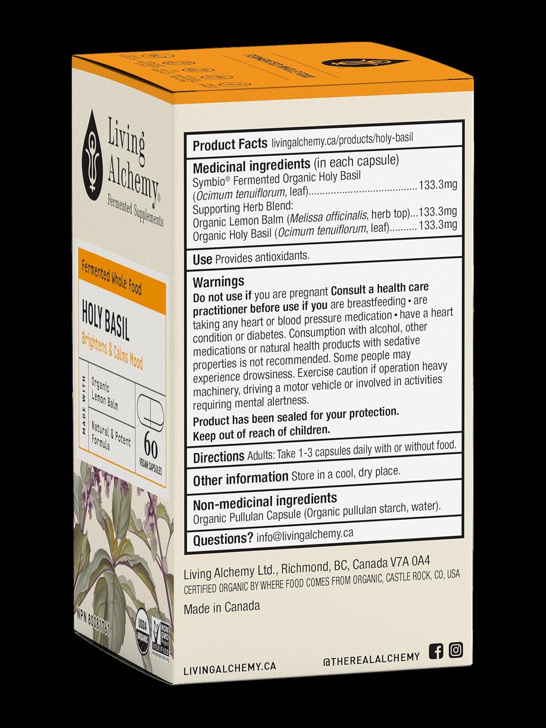 Fermented Holy Basil & Lemon Balm Mood Sleep Aid Supplement for Women & Men - Vegan Non-GMO - Living Alchemy 60 Capsules