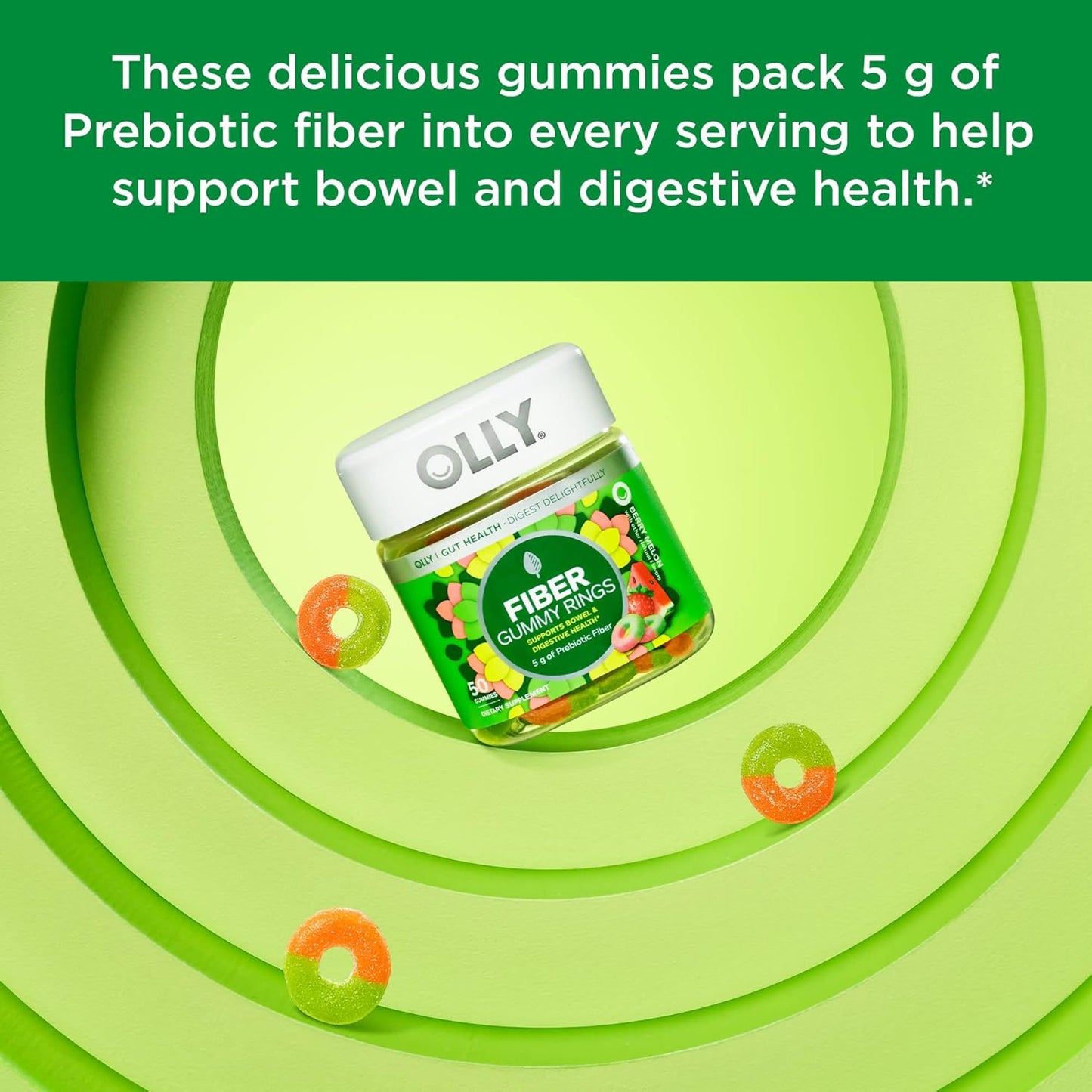 Fiber Gummy Rings with Prebiotic FOS, Digestive & Gut Health Support, 500 Million CFUs