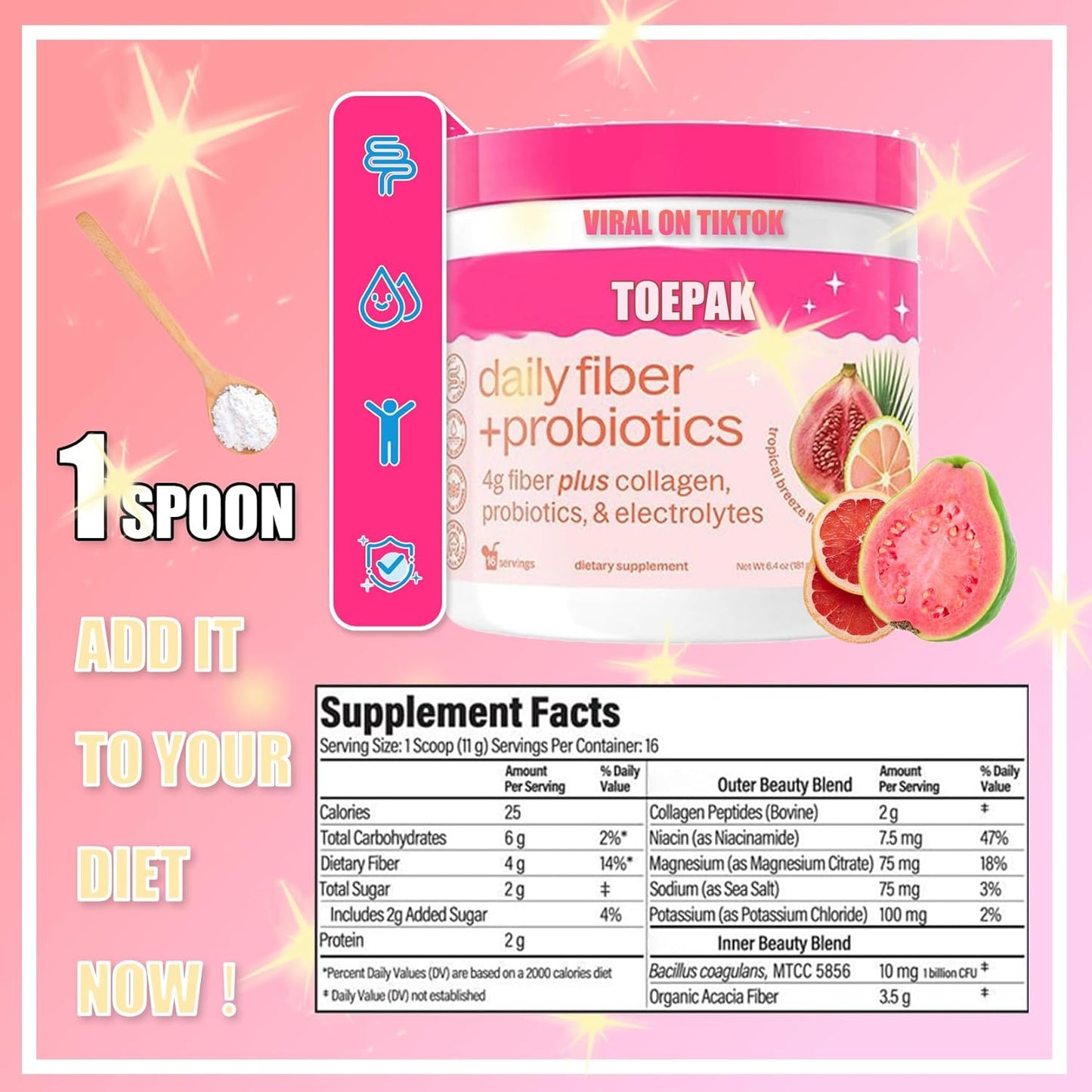 Fiber Supplement Powder with Collagen, Probiotics, and Electrolytes for Digestive Health - Tropical Flavor, 16 Servings, Easy Dissolve Formula