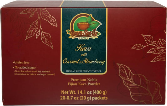 Fijian Noble Instant Kava Powder with Natural Coconut & Strawberry Powder - Premium Quality - 10% Kavalactones - 20 Packets - 14.1 oz Box