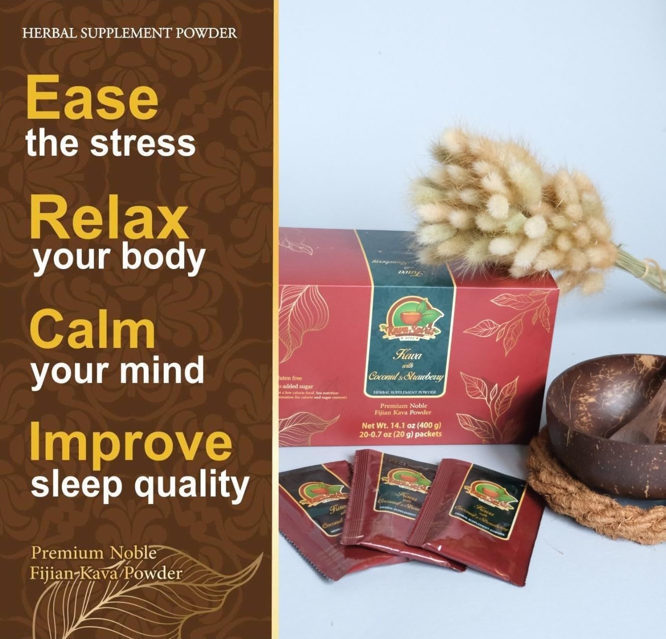 Fijian Noble Instant Kava Powder with Natural Coconut & Strawberry Powder - Premium Quality - 10% Kavalactones - 20 Packets - 14.1 oz Box