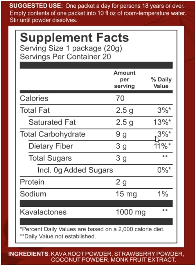Fijian Noble Instant Kava Powder with Natural Coconut & Strawberry Powder - Premium Quality - 10% Kavalactones - 20 Packets - 14.1 oz Box