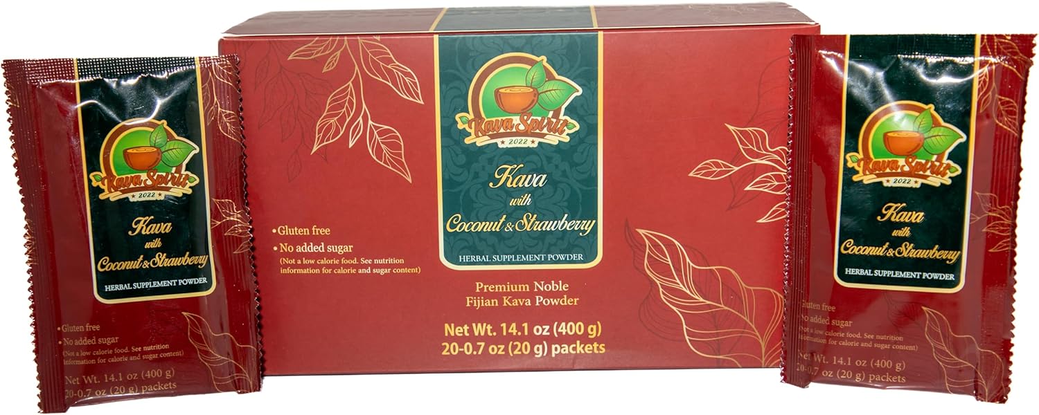 Fijian Noble Instant Kava Powder with Natural Coconut & Strawberry Powder - Premium Quality - 10% Kavalactones - 20 Packets - 14.1 oz Box