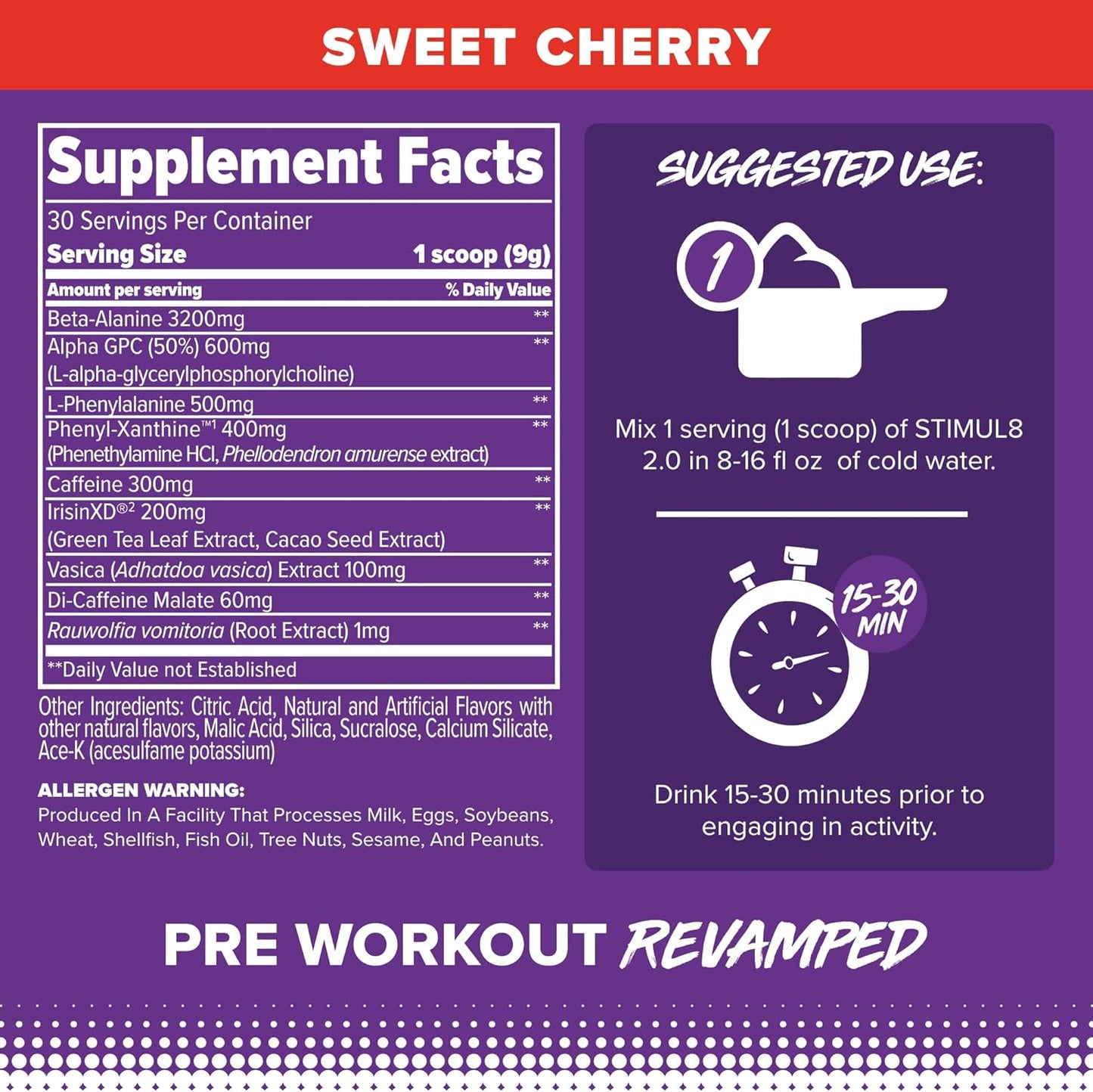 FINAFLEX STIMUL8 2.0 Pre Workout - Sweet Cherry Flavor - Boosts Energy, Focus, and Strength - Includes Beta-Alanine, Alpha GPC, and Caffeine - 30 Servings