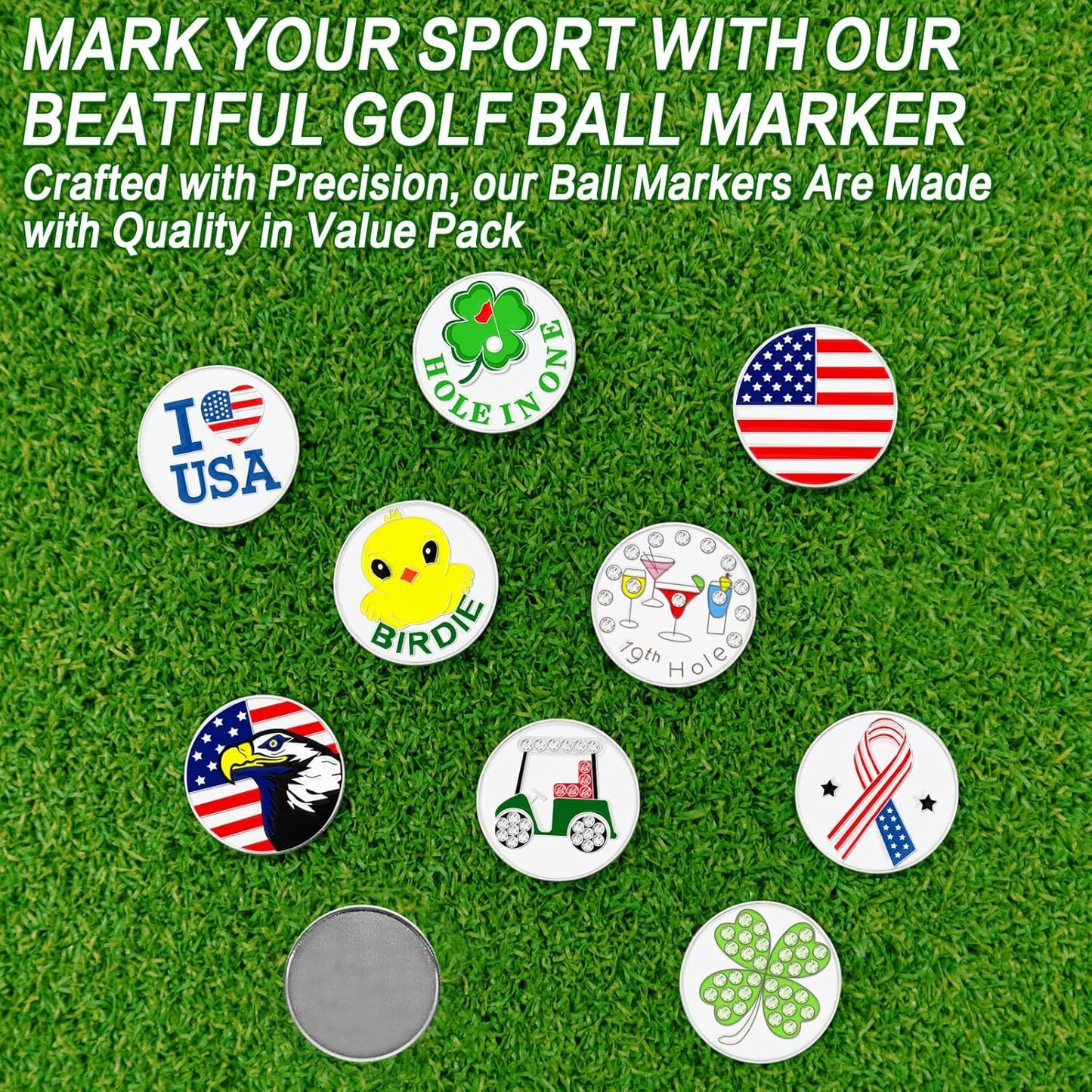 FINGER TEN Golf Ball Marker Set with Hat Clip - Assorted Patterns Divot Tool Accessories for Men, Women, and Kids