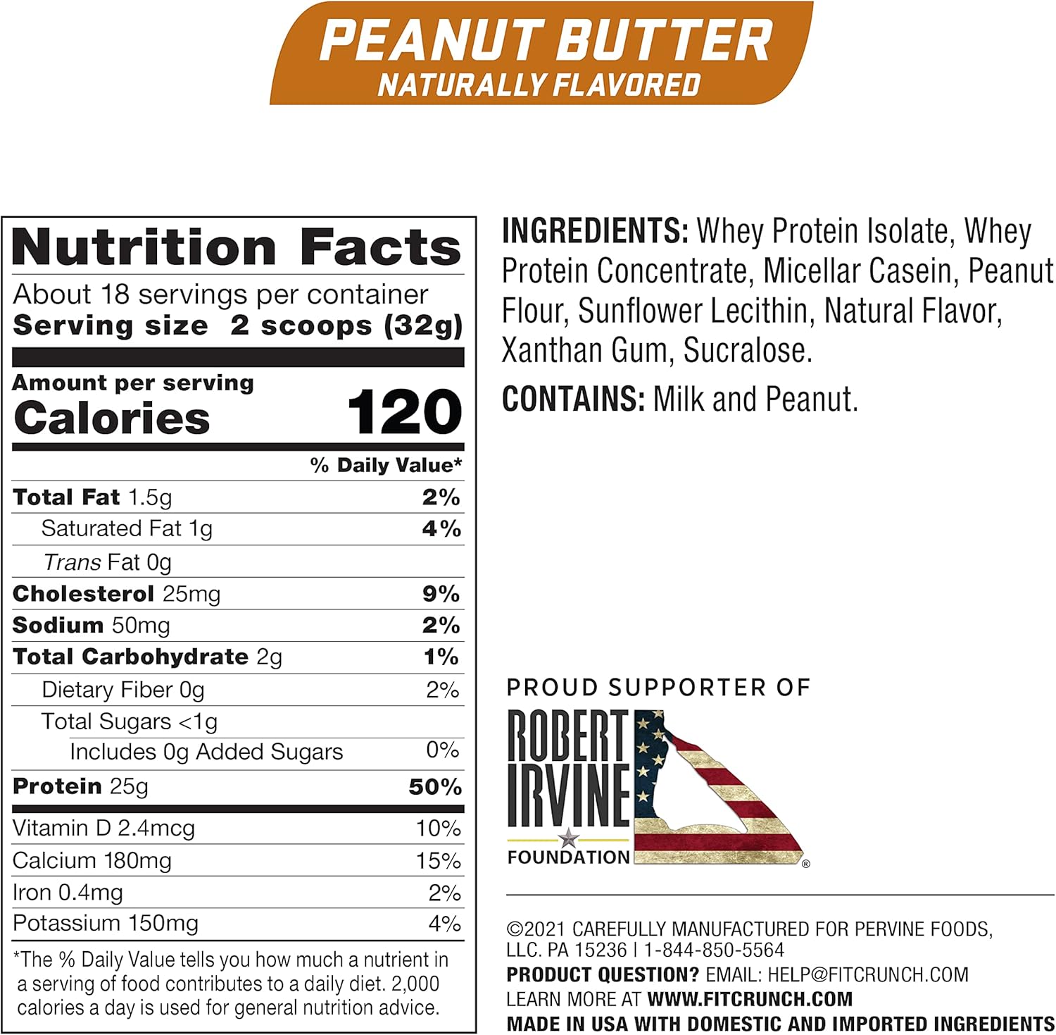 FITCRUNCH Tri-Blend Whey Protein: Keto-Friendly, Low-Calorie, High-Protein, Gluten-Free, Soy-Free - 18 Servings (Peanut Butter)