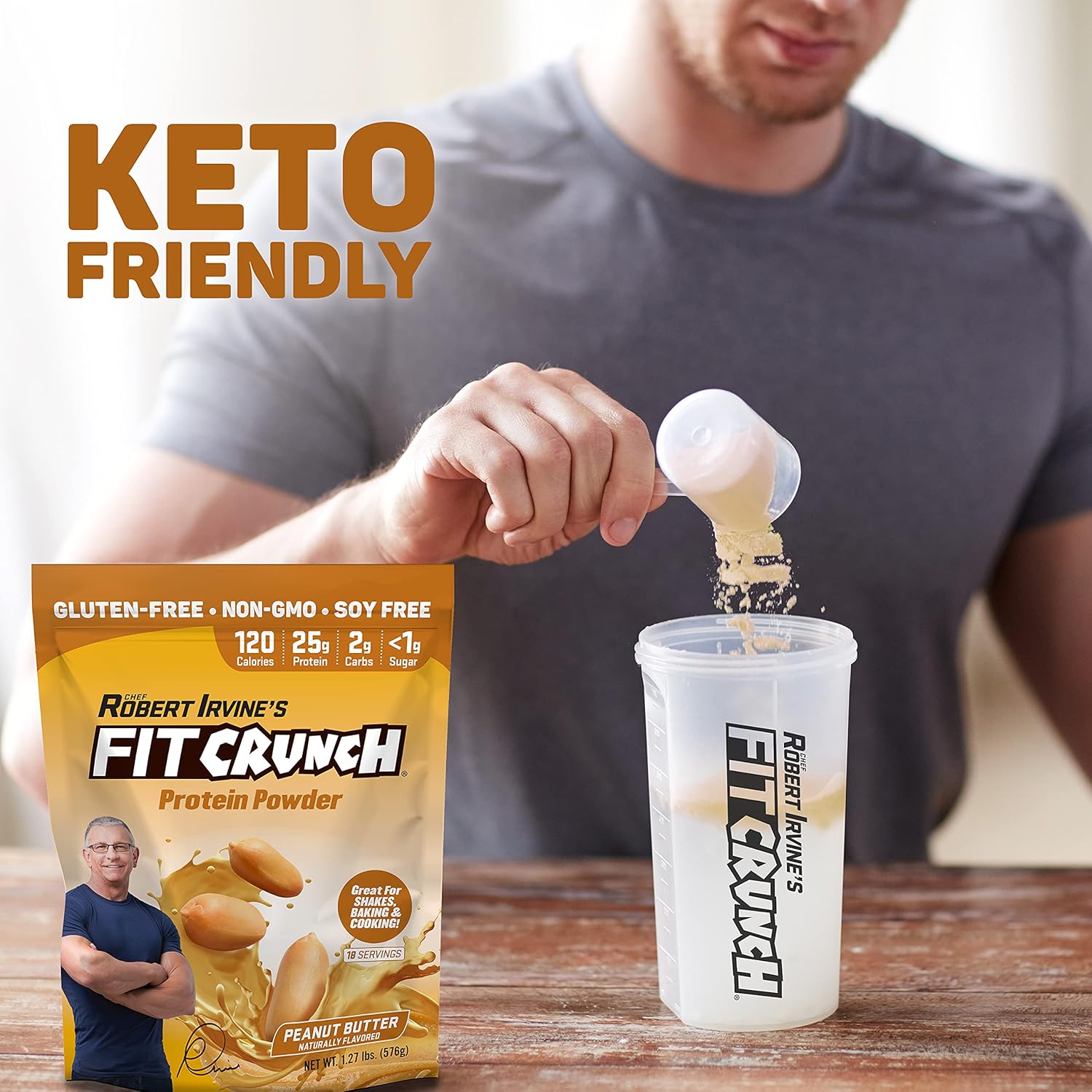 FITCRUNCH Tri-Blend Whey Protein: Keto-Friendly, Low-Calorie, High-Protein, Gluten-Free, Soy-Free - 18 Servings (Peanut Butter)