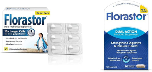 Florastor Probiotics Bundle for Digestive & Immune Health - 54 & 30 Capsules, Women & Men, Saccharomyces Boulardii CNCM I-745 Strain