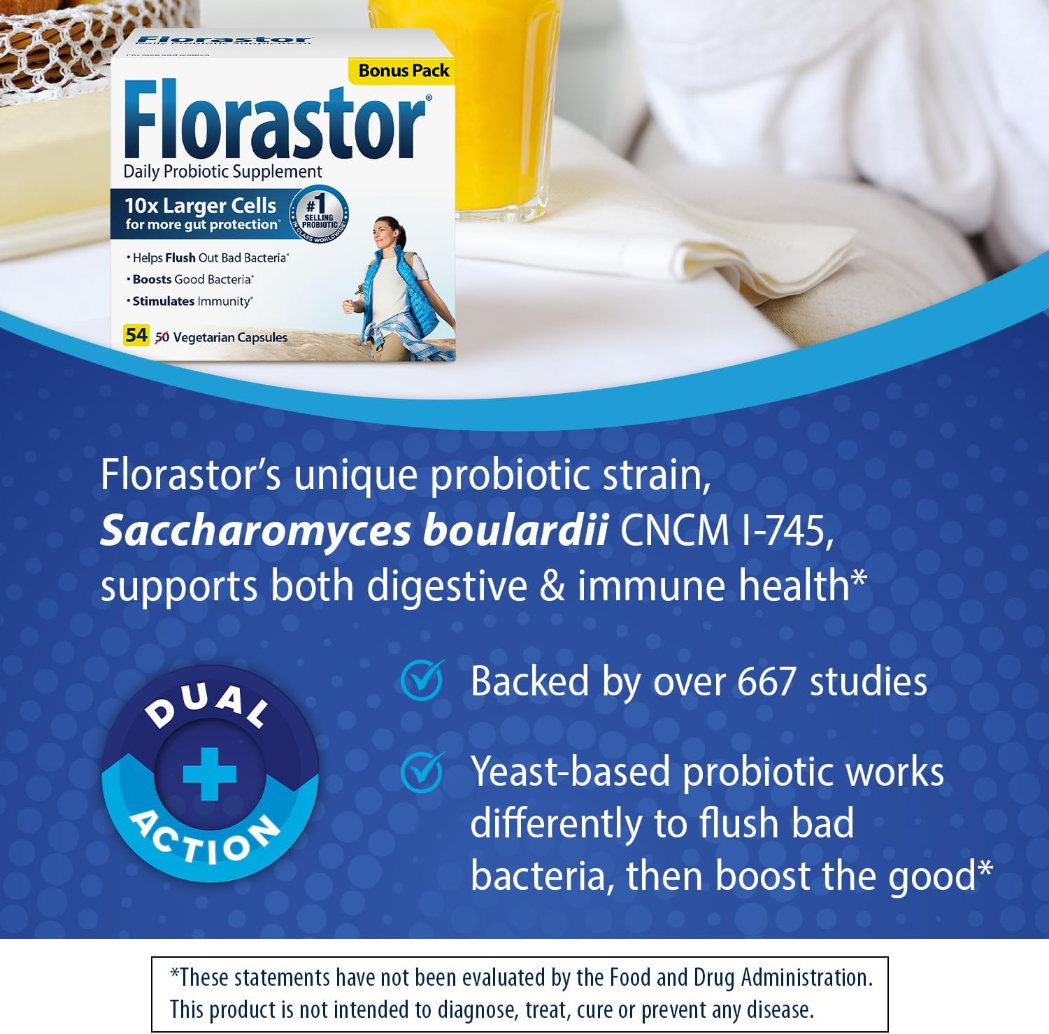 Florastor Probiotics Bundle for Digestive & Immune Health - 54 & 30 Capsules, Women & Men, Saccharomyces Boulardii CNCM I-745 Strain