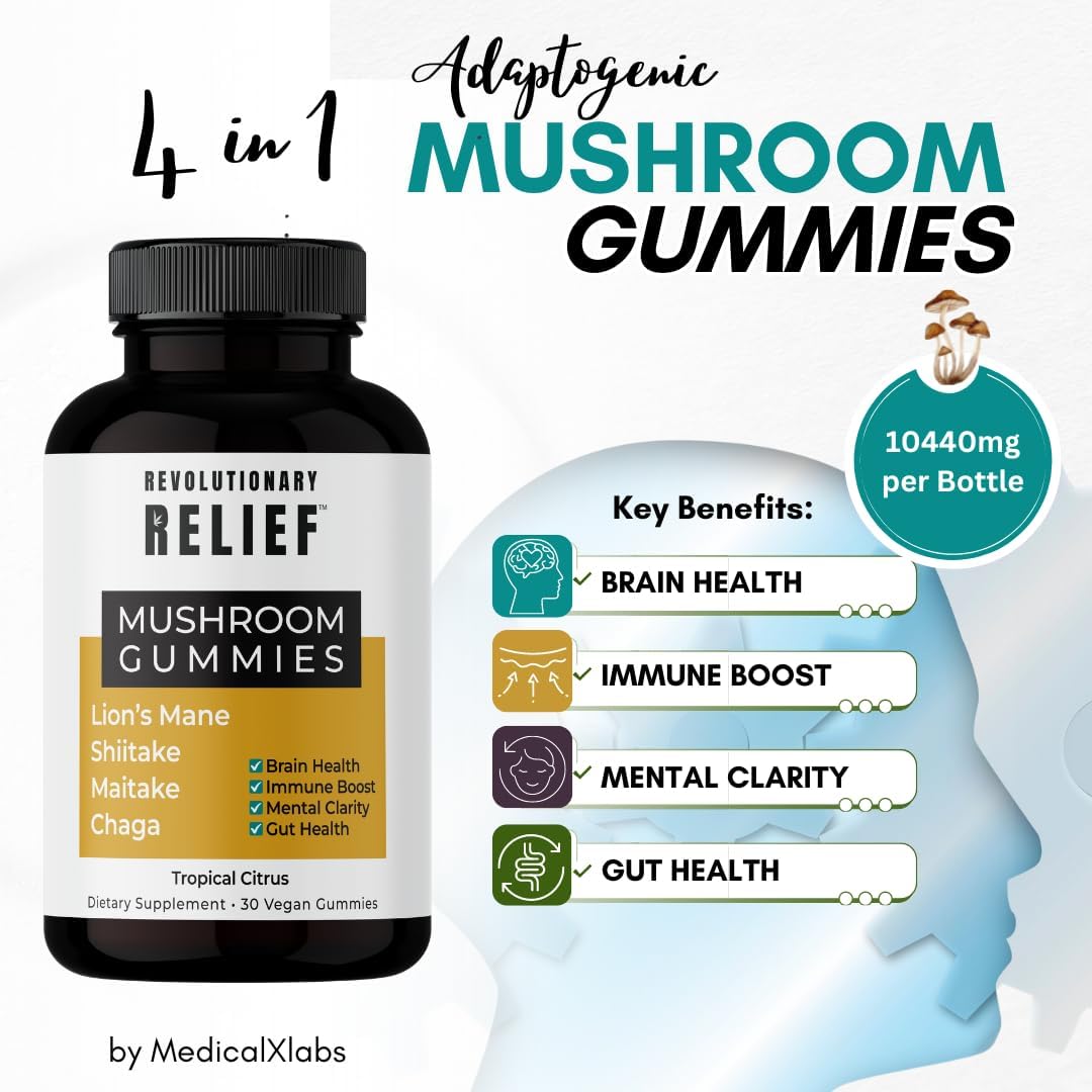 Focus, Clarity, and Immune Support Mushroom Extract Gummies with Lion’s Mane, Shiitake, Chaga & Maitake - Vegan, Keto-Friendly, Tropical Citrus Flavor