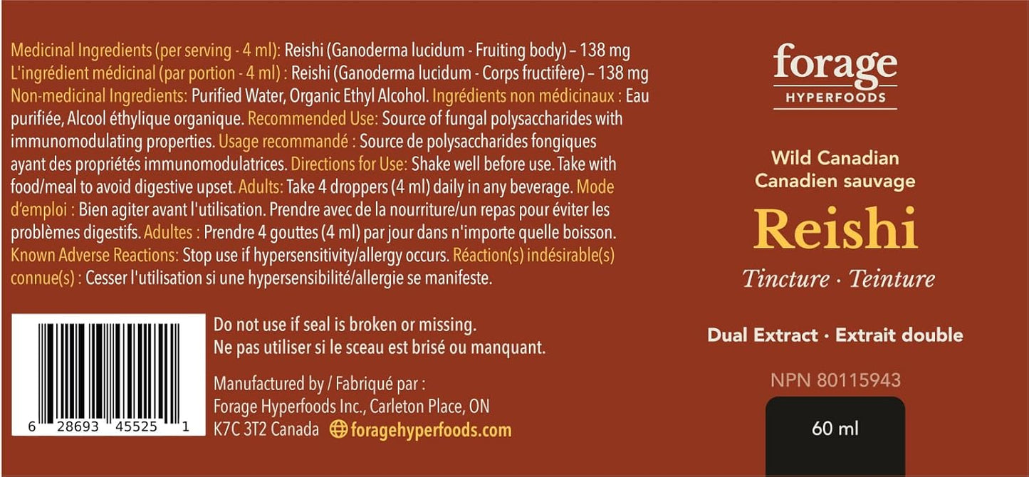 Forage Hyperfoods Reishi Mushroom Tincture - Immune Support & Stress Relief - Dual Extract - 60ml